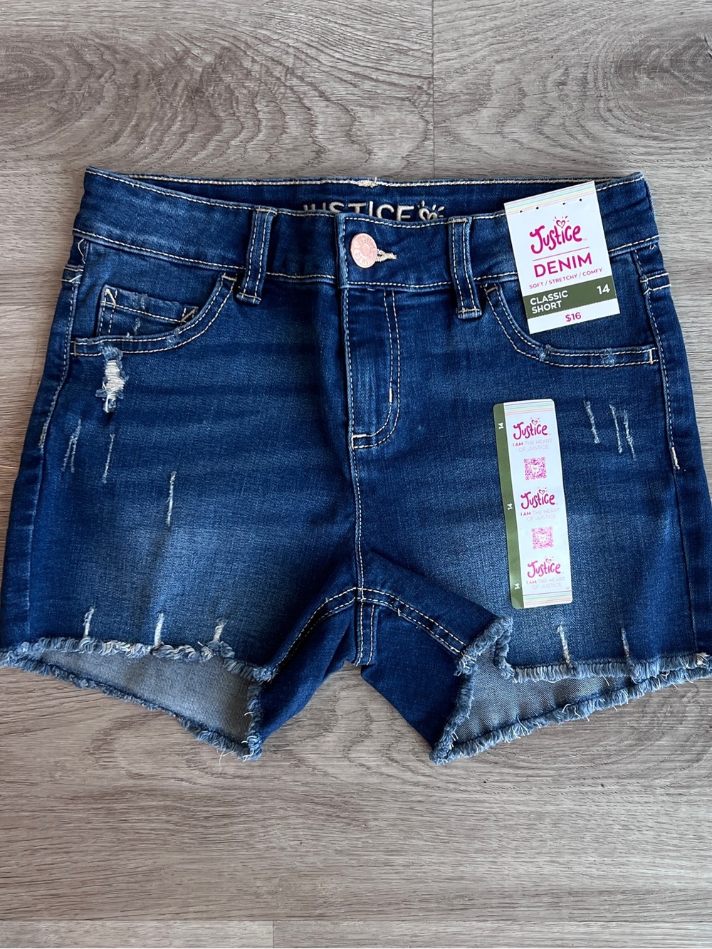 Justice Girls Distressed Classic Denim Jean Shorts Raw Hem Size 14 Soft Stretchy